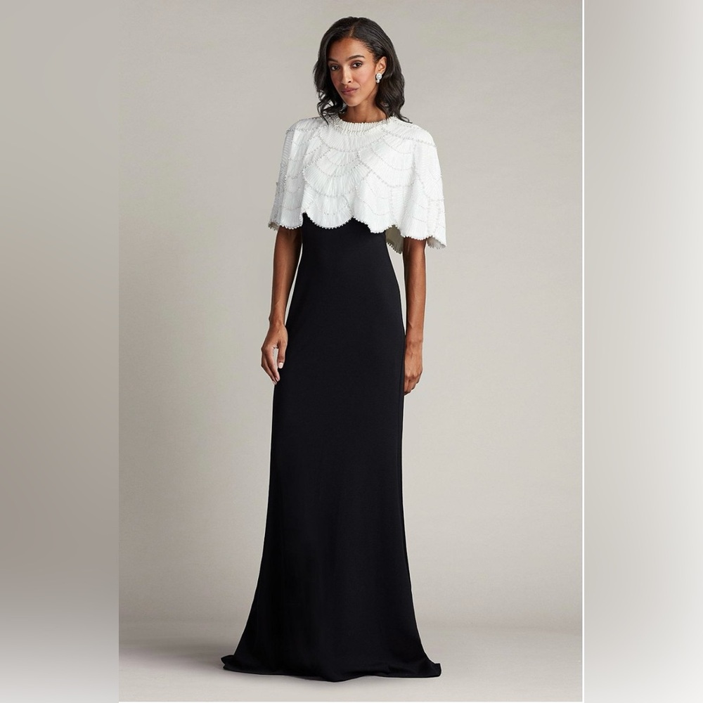 TADASHI SHOJI Reba Embellished Cape Overlay Gown, Elegant Cream Beaded Brand New
